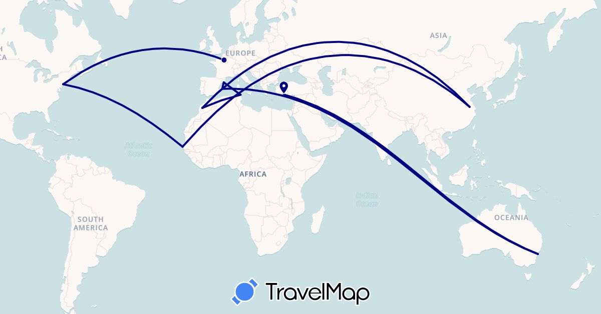 TravelMap itinerary: driving in Australia, China, Spain, France, Morocco, Senegal, Tunisia, Turkey, United States (Africa, Asia, Europe, North America, Oceania)